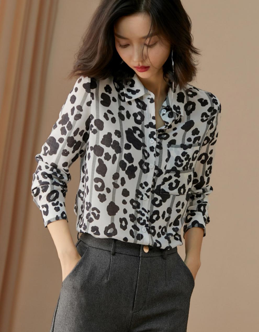 米思阳2020春季新款时尚豹纹桑蚕丝上衣宽松印花真丝衬衫女1092 黑白