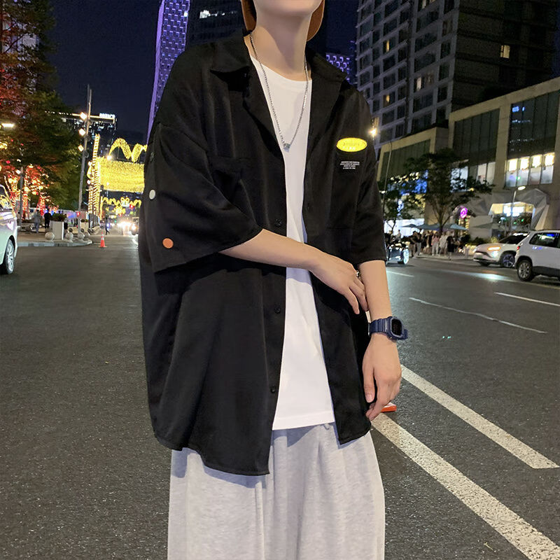 展缘夏季休闲套装男ins港风日系痞帅短袖衬衫一套搭配三件套男装三件