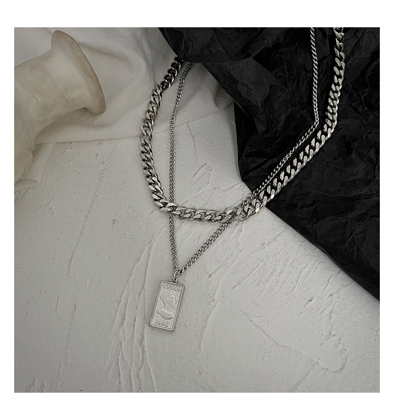 ck欧美金属复古人头像吊坠男女潮in冷淡风双层嘻哈项链情侣锁骨链k