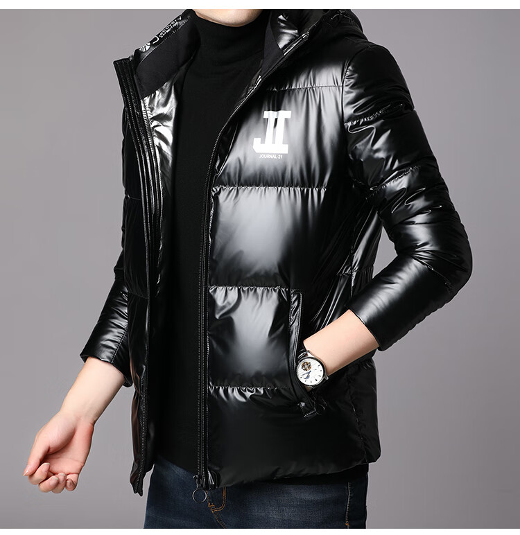 阿玛尼(armani)男士服中长款连帽亮面外套冬装白鸭绒加厚保暖潮 黑色