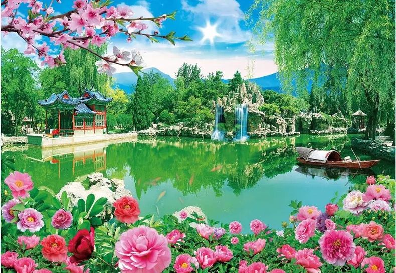 花开富贵牡丹花山水喜庆墙画客厅家居装饰墙沙发背景海报年画乳白色宽