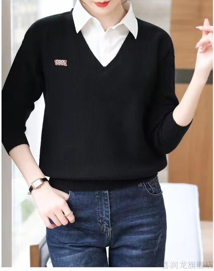 萌氧 假二件套上衣女新款针织衫女秋季假两件衬衫毛衣早春女士内搭外