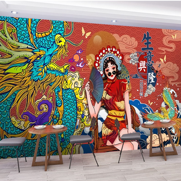 国风贴画壁画国潮风墙面装饰墙贴贴纸饭店国风墙面墙纸自粘中国风墙画