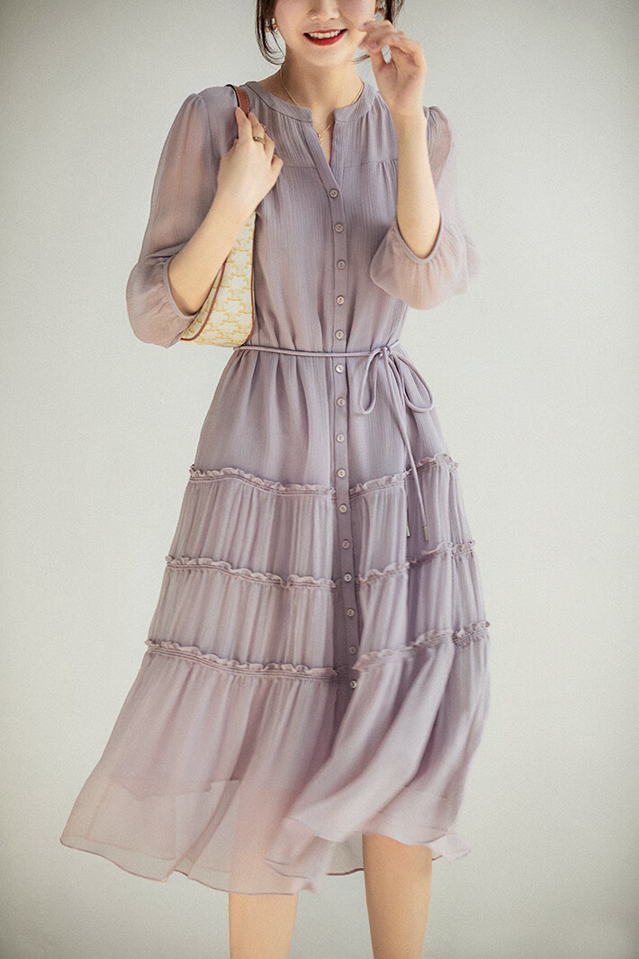 南极人 雪纺连衣裙女装2022年新款夏装淡雅烟熏紫抽褶系带韩版时尚