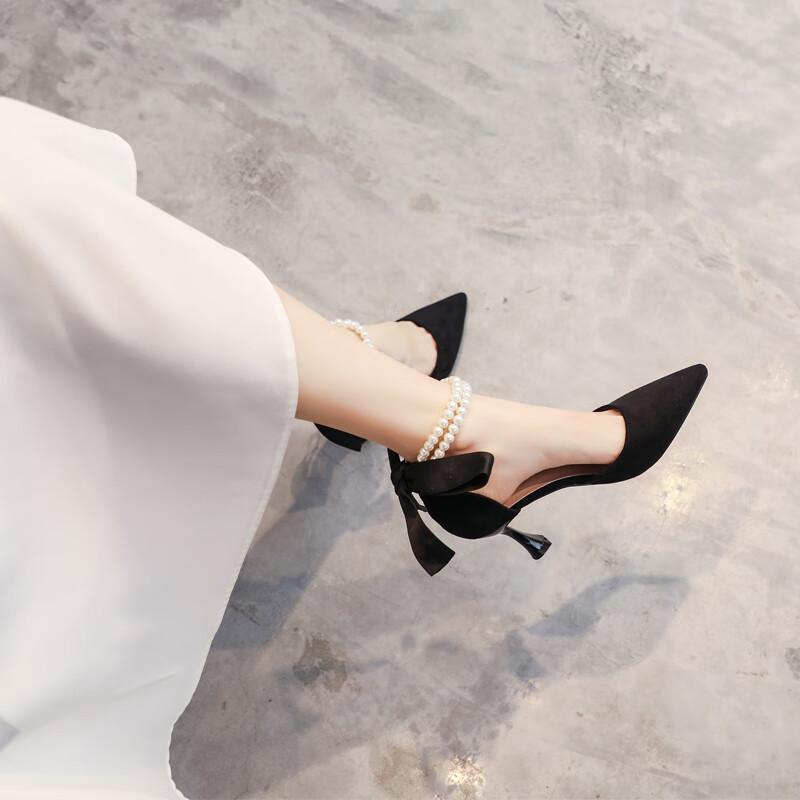 【高档轻奢】法式珍珠绑带高跟鞋女尖头细跟学生仙女风单鞋淑女鞋配