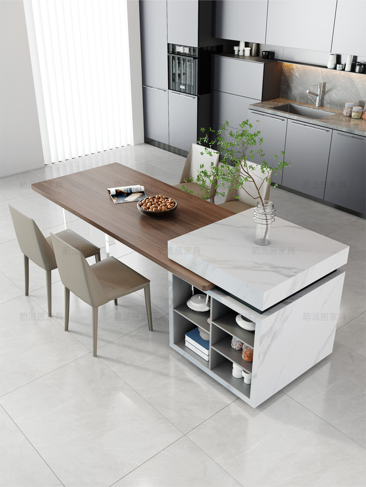 岛台餐桌一体导台餐桌一体歺桌岩板岛台餐桌一体黑胡桃木悬浮感亚克力
