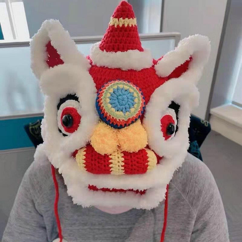 夏庄醒狮帽动物老虎头饰帽子成品虎头帽成品醒狮帽子虎年小鲁班帽手工