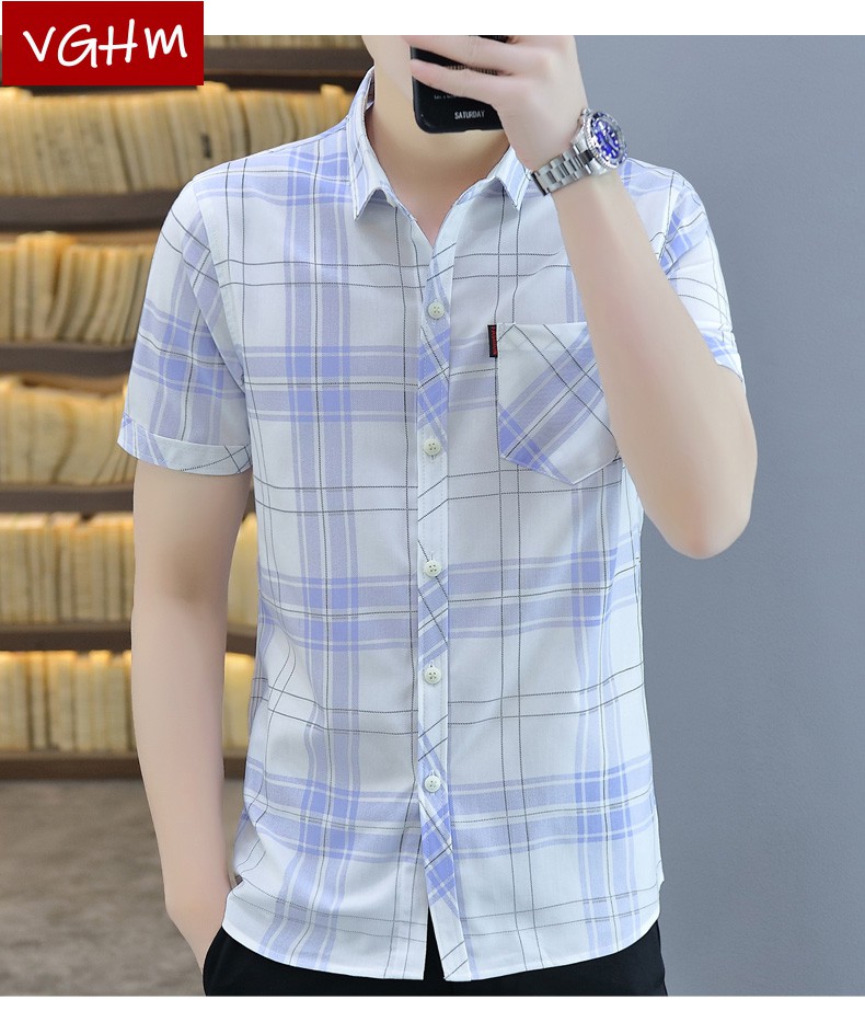 vghm高端品牌短袖衬衫男夏季中青年男士夏装舒适格子上衣男潮流百搭