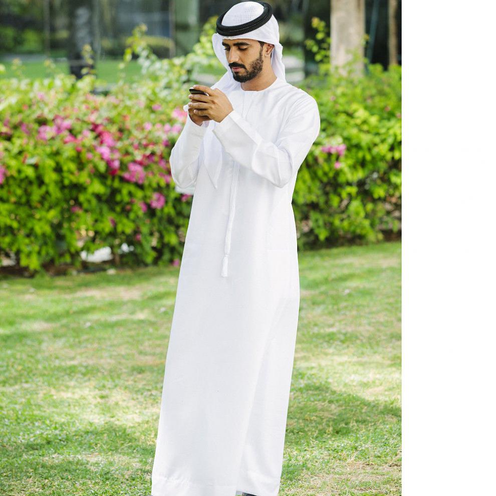 阿拉伯长袍男迪拜服装涤棉夏季薄款沙特中东头巾头箍男士套装定制款