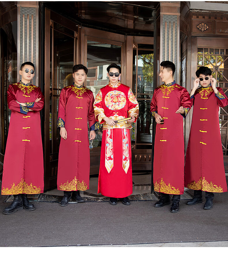 伴郎服套装中式春秋婚礼装男士兄弟团衣新郎接亲大褂长袍长衫 缎面酒