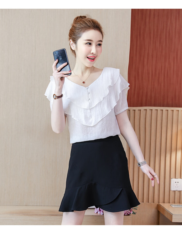 女式夏天短袖衫衣雪纺衬新款潮女装2020年季上洋气衬款遮肚小 杏色 s