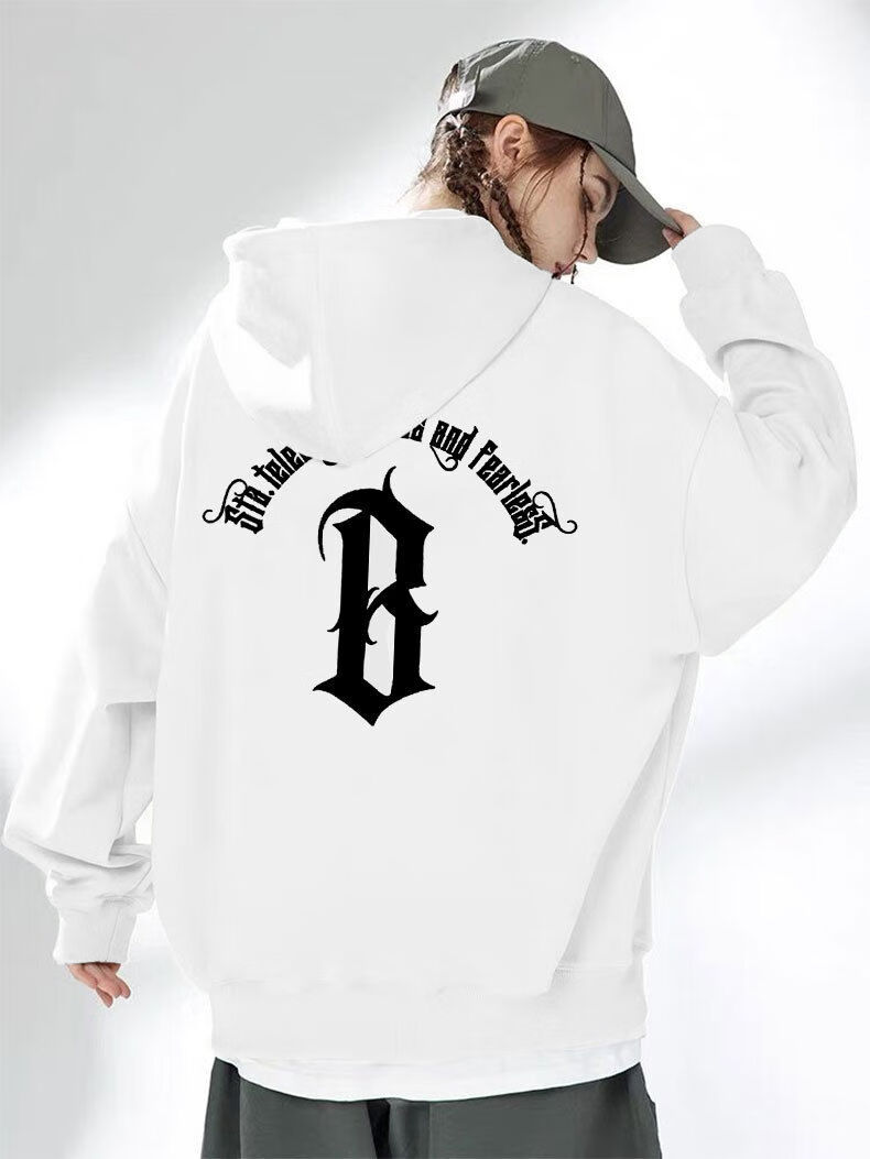 sta圆弧基础b字母连帽卫衣男潮牌高街设计感休闲美式情侣秋冬帽衫