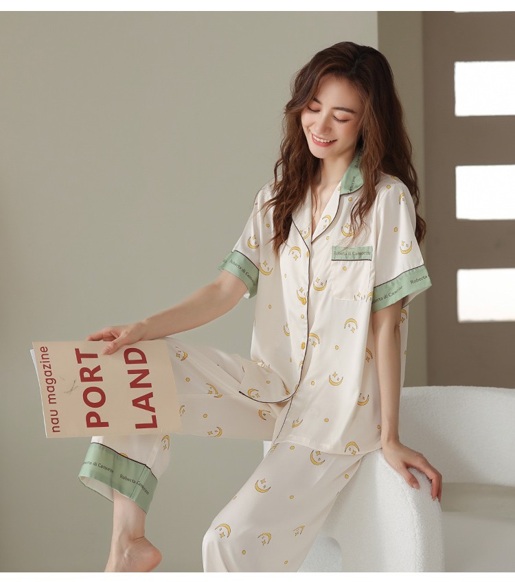 hkxn冰丝睡衣女夏季薄款仿真丝睡衣短袖长裤翻领开衫纽扣简约纯色宽松