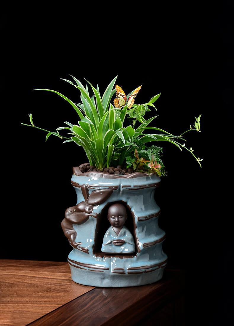 尘菁花盆陶瓷创意禅意小和尚紫砂兰花盆吊兰文竹盆景盆哥窑多肉老桩盆