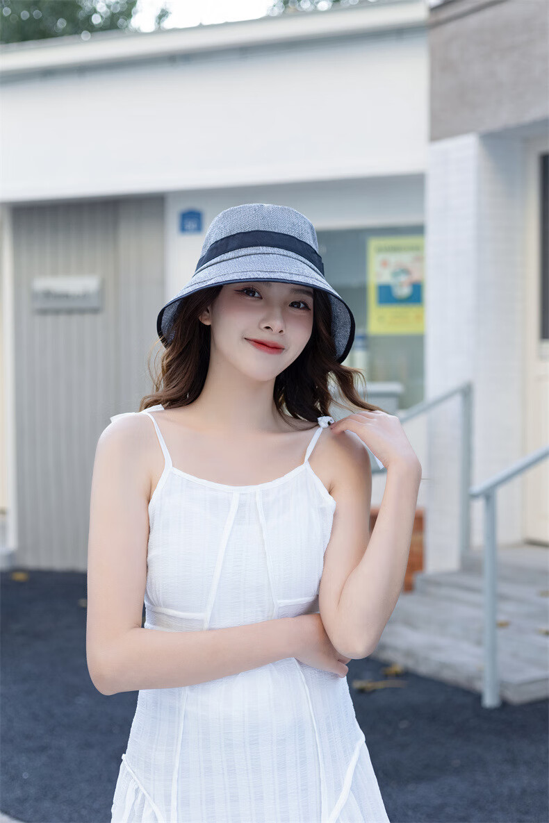 亚麻布遮阳帽女士春夏季防晒渔夫帽出游沙滩大檐凉帽时尚太阳帽贴布款