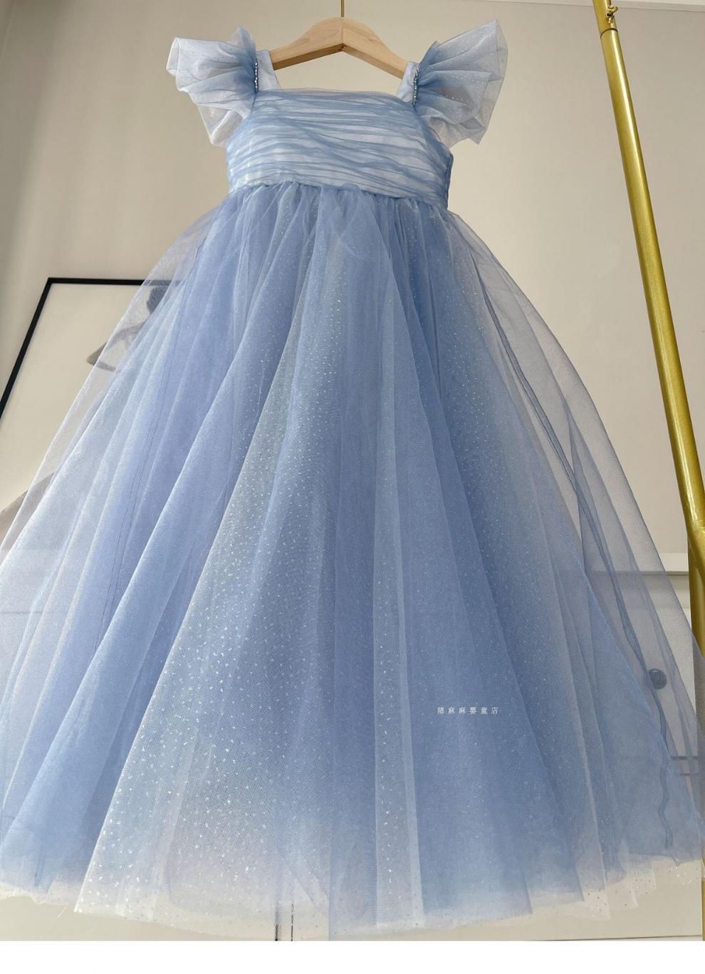 夏季迪士尼艾莎连衣裙儿童高端网纱长裙表演生日礼服 浅蓝色 脖子项链