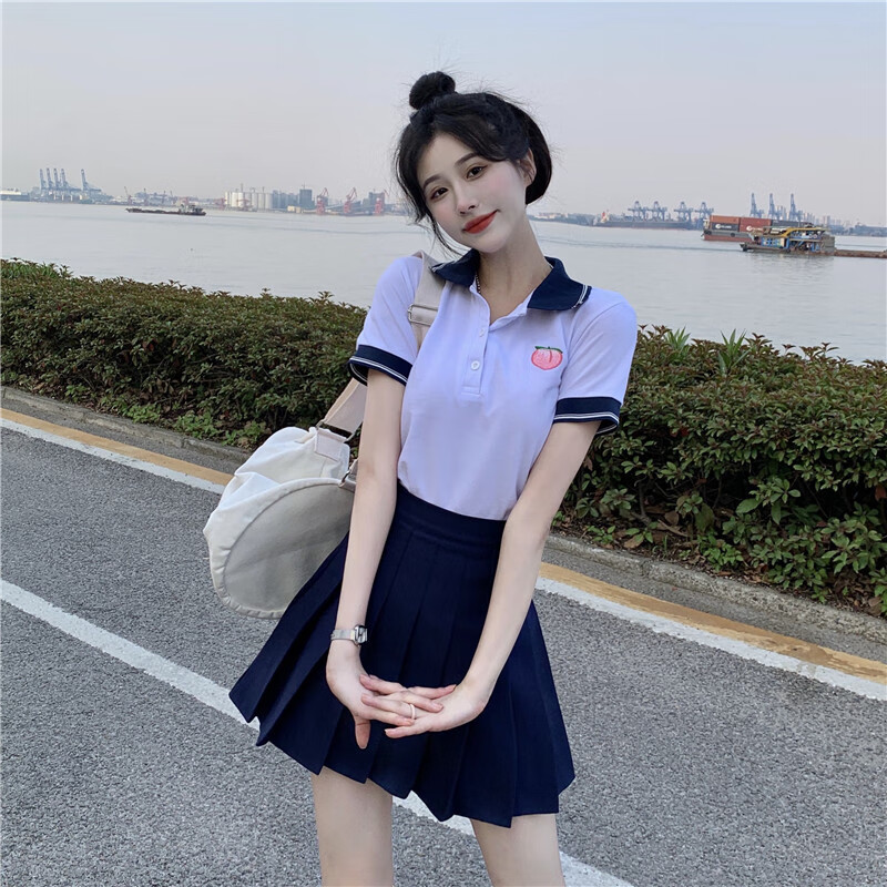 大学生初中高中生少女jk制服女夏季洋气套装学院风韩版polo领短袖t恤