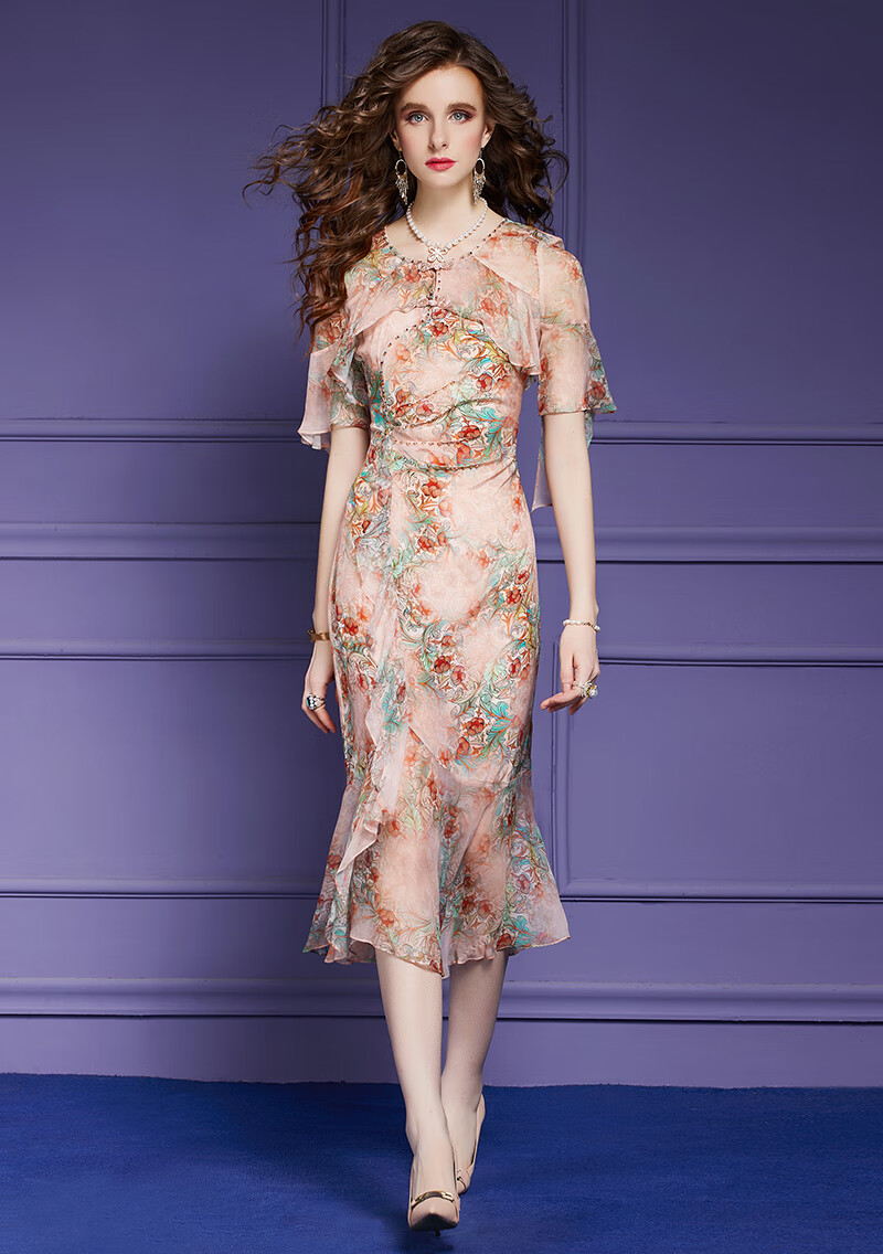 菲梦伊双绉真丝连衣裙女夏季新款重磅高端气质印花贵夫人蚕丝裙子杏