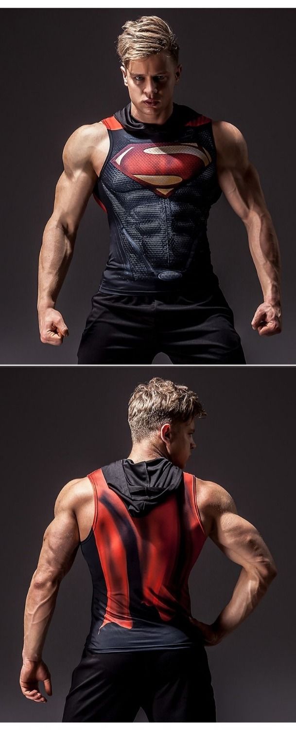 超人蜘蛛侠连帽紧身背心弹力肌肉修身健身无袖t恤运动训练速干衣 黑