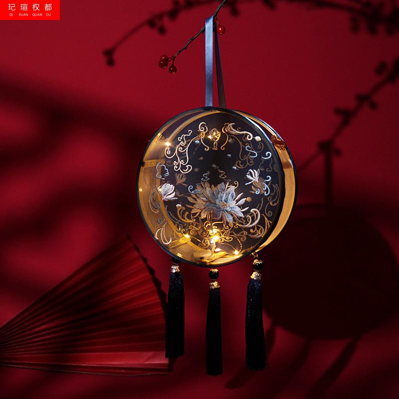 中秋节花灯中国风复古圆形灯笼发光成品拍摄中秋节锦鲤刺绣宫灯提竿