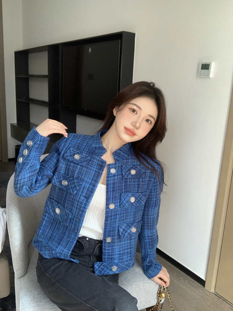 格子短外套女装春秋克莱因蓝小香风立领修身法式百搭气质名媛上衣蓝色