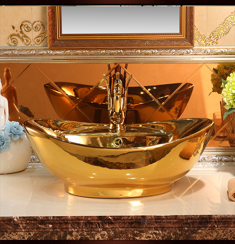 元宝金色台上盆陶瓷艺术盆欧式卫生间台盆洗脸盆现代复古洗手池单盆