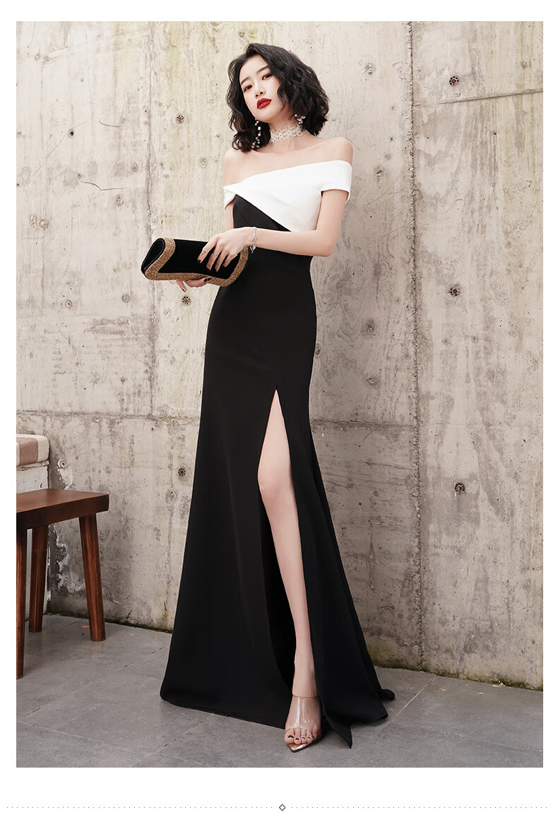 轻奢高端 女士礼服黑色宴会晚礼服裙时尚高端性感修身主持人一字肩