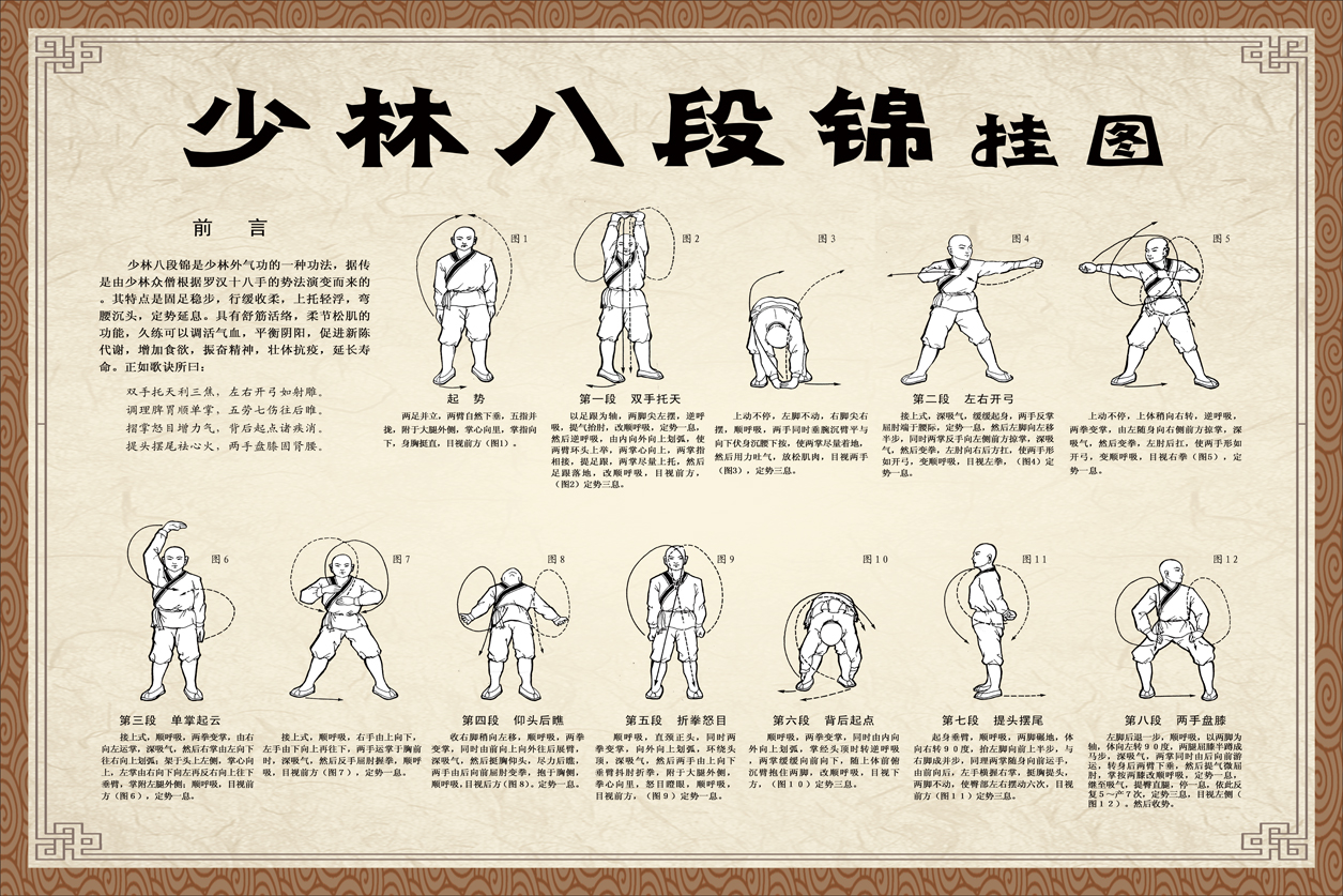 少林八段锦挂图中医养生海报文化宣传展板养生图片挂画养生馆60寸相纸