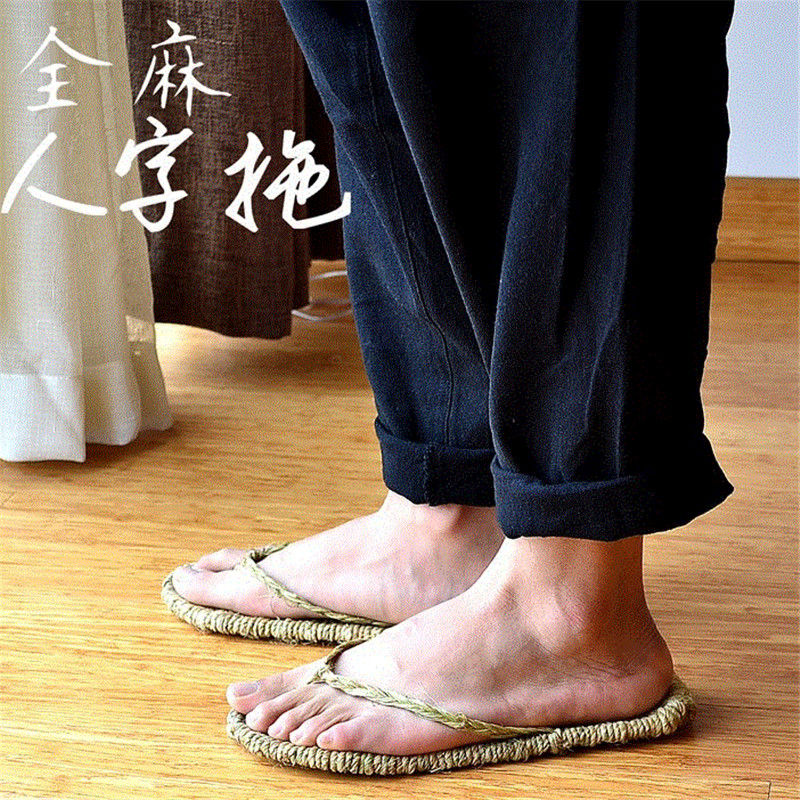 手工传统老式系带全麻草鞋男女麻编鞋夏潮复古凉鞋藤草编织l亚麻色33