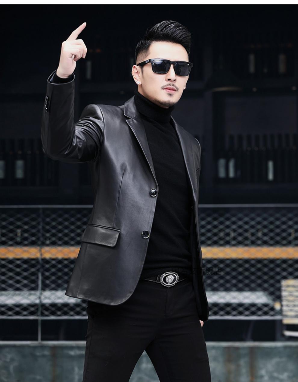 海宁真皮皮衣男西装绵羊皮短款夹克春秋男士修身皮韩版西服外套黑色