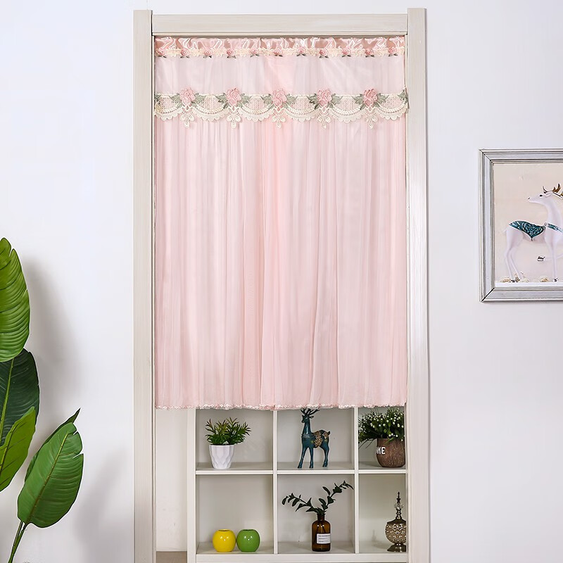 装饰帘隔断帘蕾丝纱门帘双层双开卧室家用免打孔两片式半门帘藕色双层