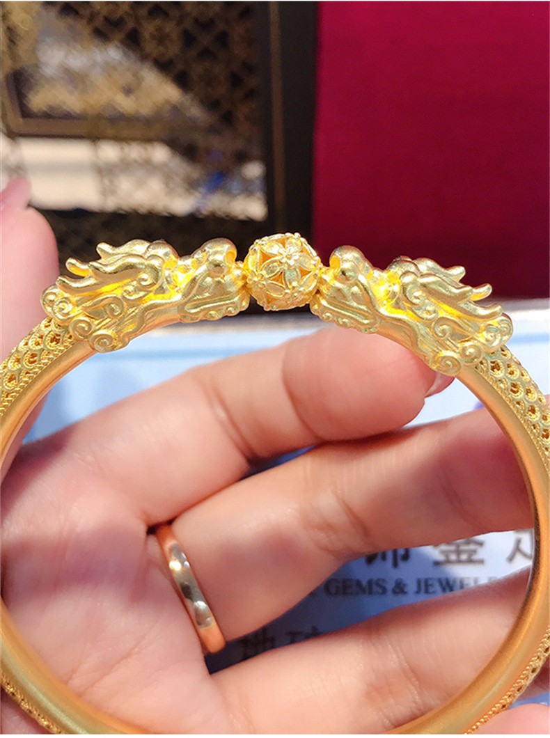 双龙戏珠手镯古法黄金镯子9999足金花丝镂空足金镯子女士新款传承古法
