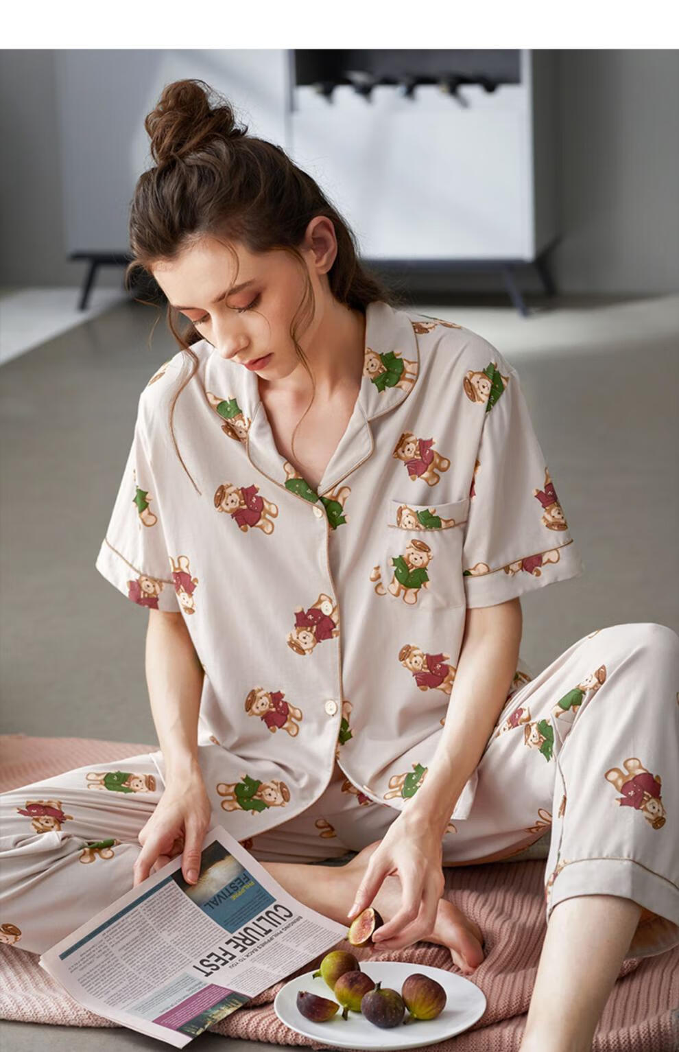 达尔丽睡衣女夏纯棉短袖长裤薄款卡通印花翻领开衫家居服套装t8221