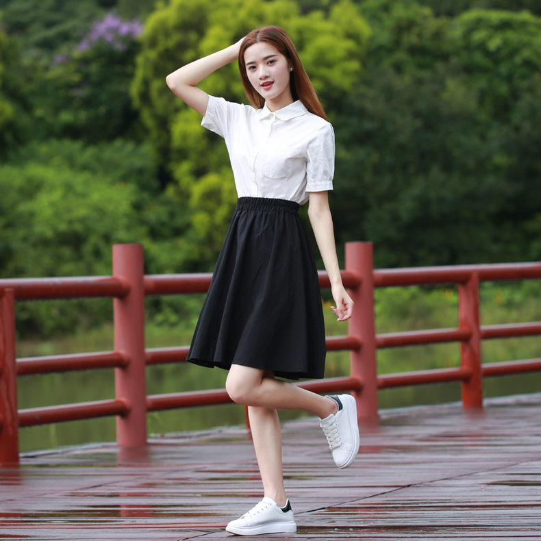 学生半身裙女夏韩版初中生裙子少女半截裙亚麻短裙夏天及膝百褶裙女生