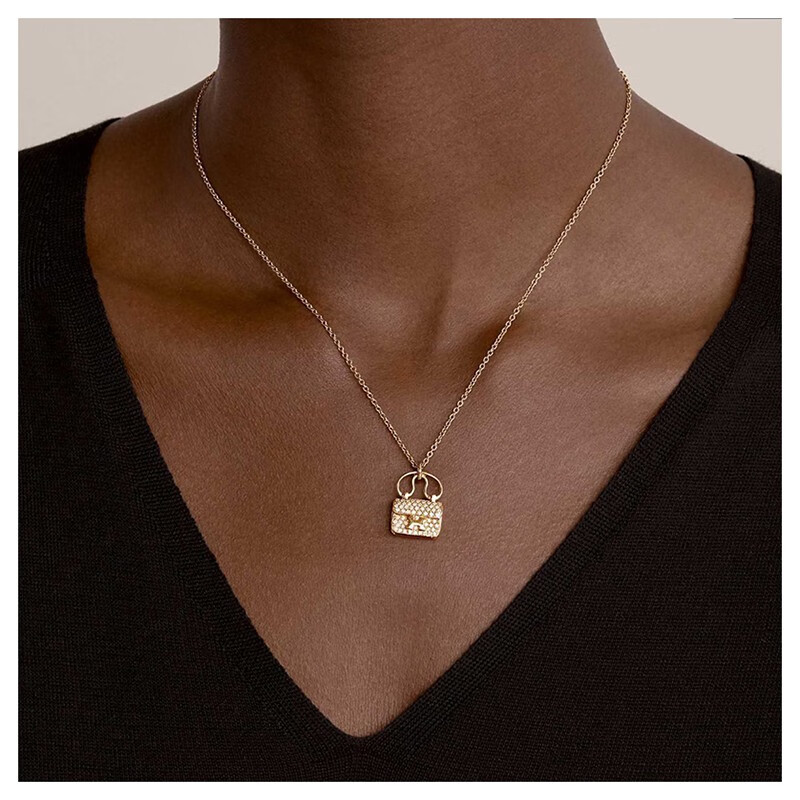 正品鉴定hermes爱马仕项链女士constance玫瑰金色镶钻护身符吊坠项链