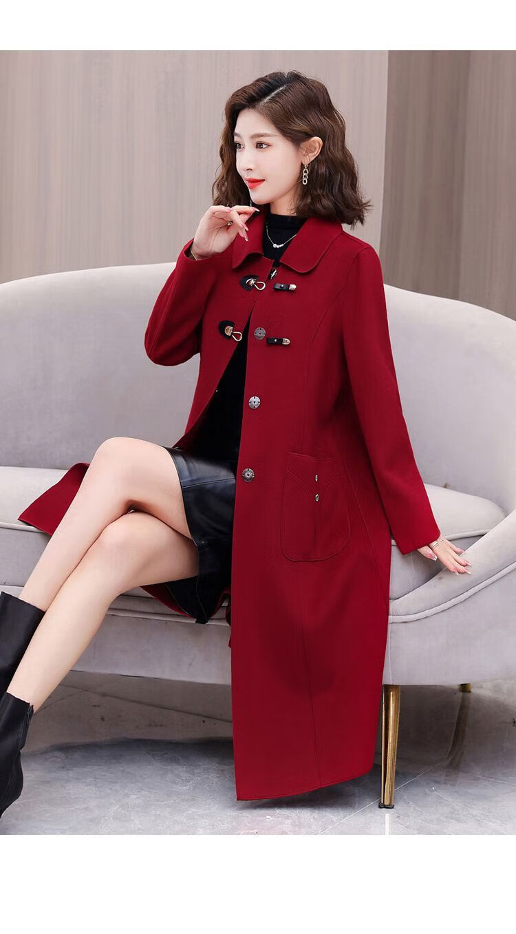 中年双面绒大衣女长款收腰2022秋冬新款时尚细绒毛呢外套 浅蓝色