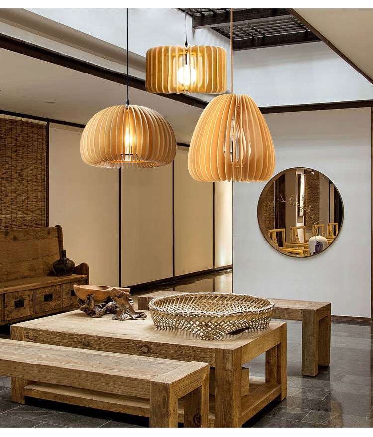 日式复古卧室灯中式木质吊灯创意餐厅灯具中古南瓜艺术灯汤姆吊灯小号