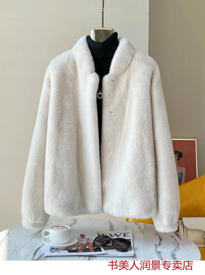 进口天鹅绒貂皮大衣女整貂2022新款气质名媛年轻短款水貂皮草 珍珠色