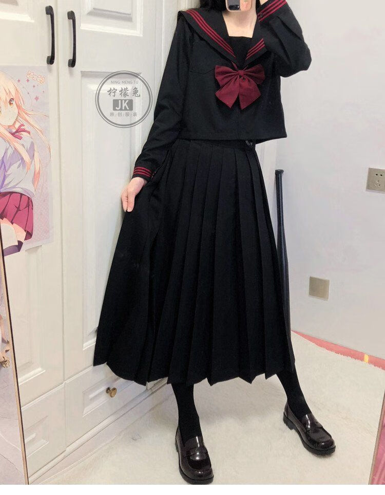 原创设计brangdy舒适优美正统原创基础款jk制服裙黑赤三本水手服日系