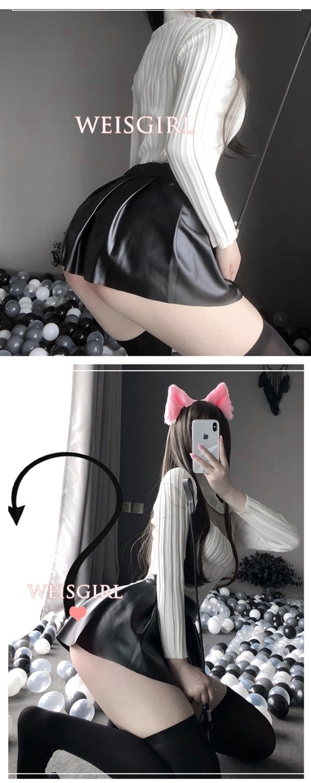 性感深v低胸针织皮裙套装 情趣诱惑套装 露胸激情针织毛衫短皮裙尤果