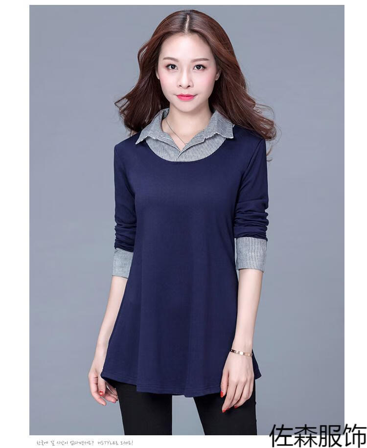 纯棉长衫长装中长款女衫土t恤丅中年妈妈秋衣上衣服宽松大款打底 蓝色
