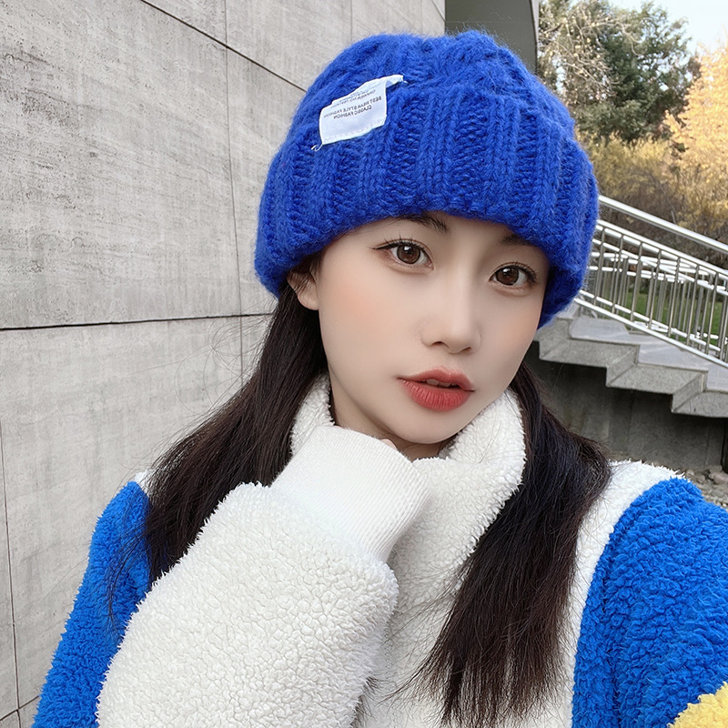 女生适合头大脸大冬天的帽子毛线帽克莱因蓝女秋冬新款百搭针织大头围