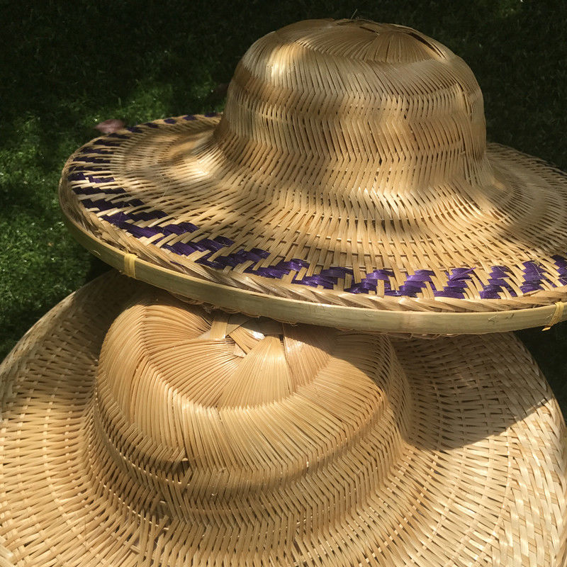 青衣麻相大圆帽手工竹编防雨草帽男钓鱼帽户外帽复古装饰表演帽子紫边