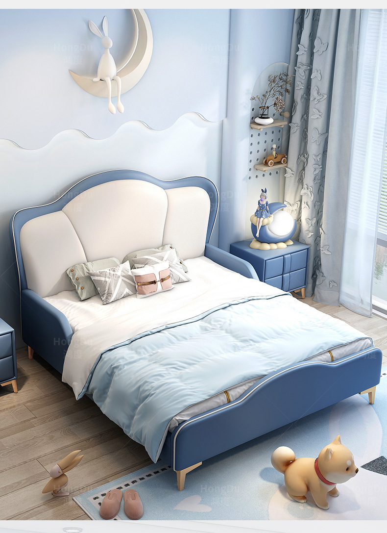 健乐美儿童床美式单人床女孩男孩青少年床皇冠公主床软包床轻奢皮床