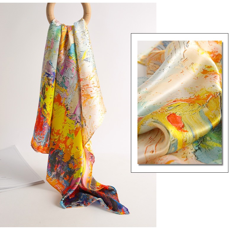 杭丝府真丝丝巾女中方巾桑蚕丝围巾素绉缎油画复古丝巾女夏季薄款防晒