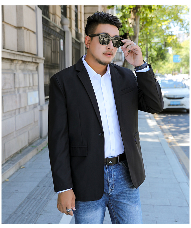 尊首胖人男装大码西服外套加肥加大纯黑商务休闲轻便一粒扣后开叉西装