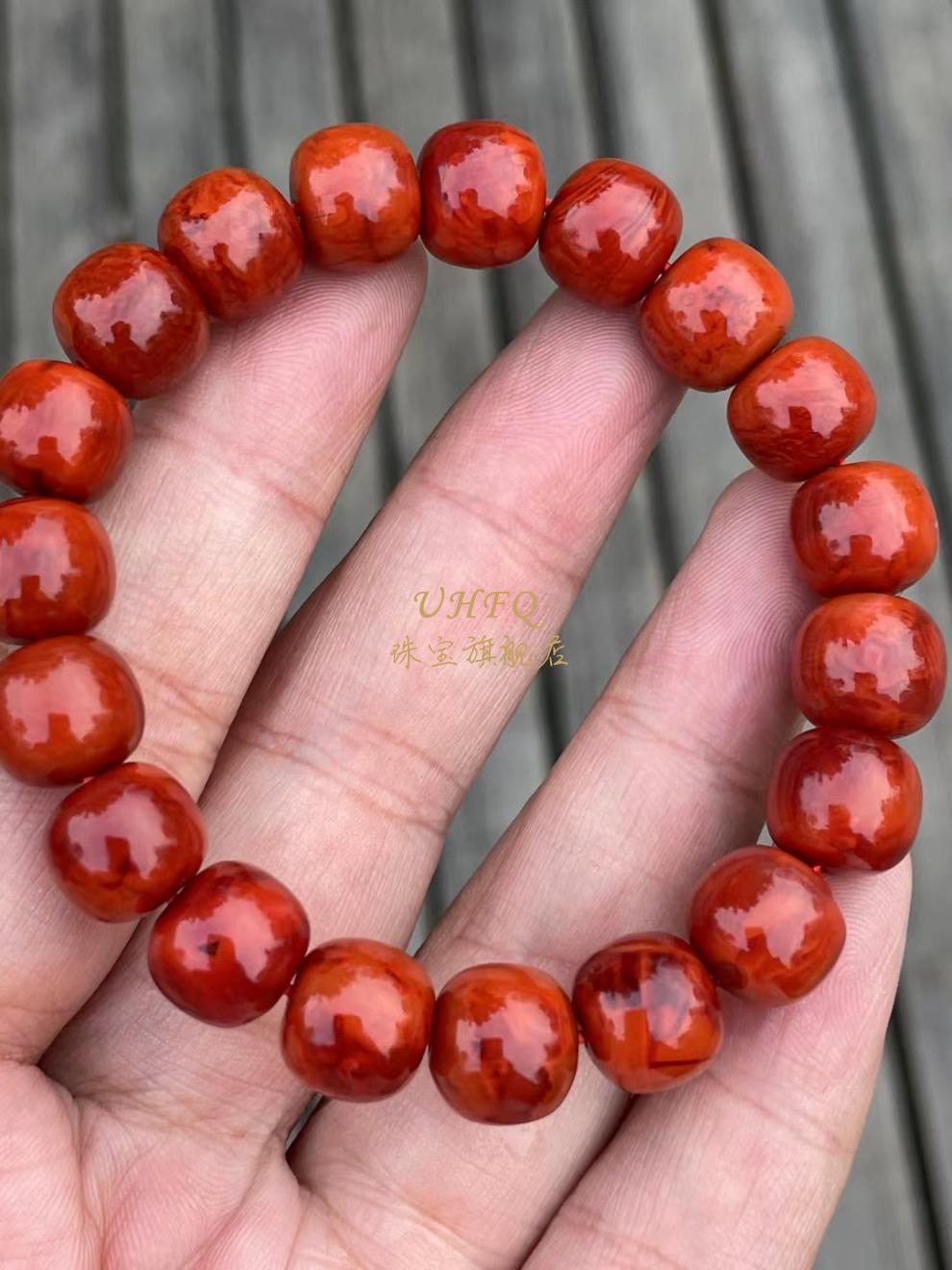 uhfq天然南红火焰纹手串玛瑙满色满肉老型桶珠手链四川凉山瓦西南红九