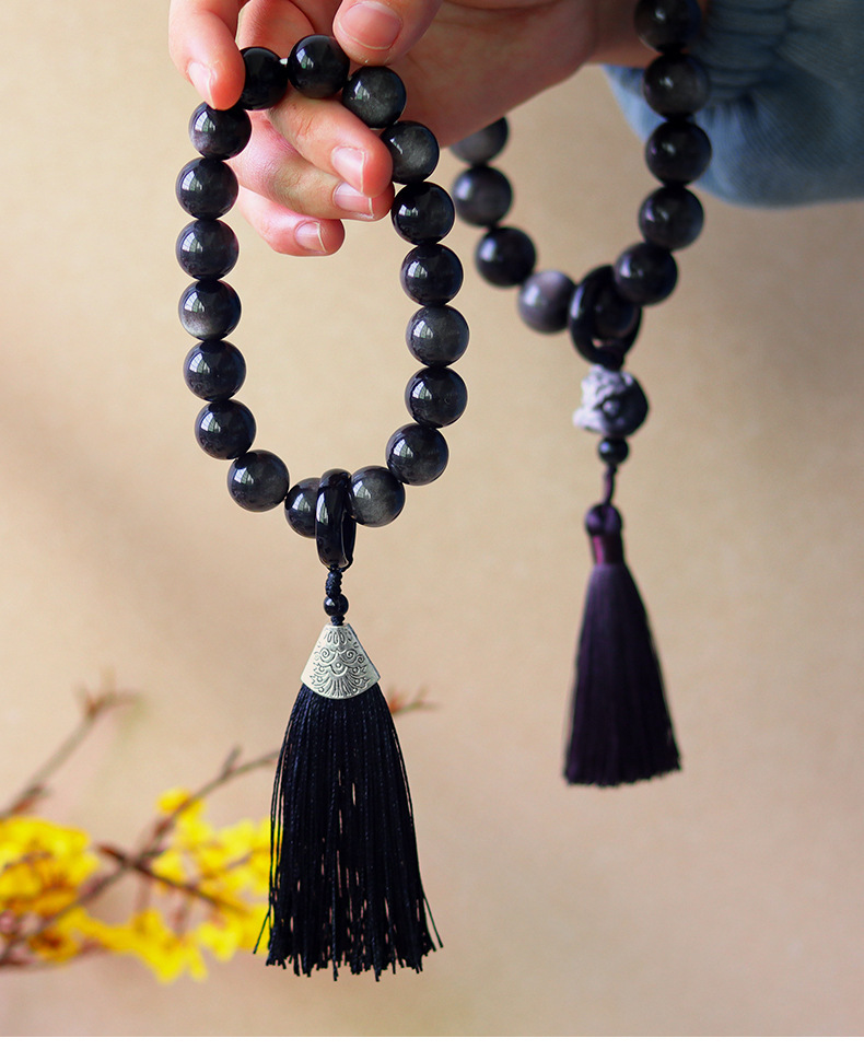 丹普天然流苏手串黑曜佛珠佘太翠念珠18子手持手捻跑环手链送男朋友