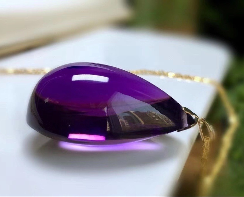 一北 原矿宝石级乌拉圭紫水晶水滴吊坠项链 深紫色925银女款锁骨链