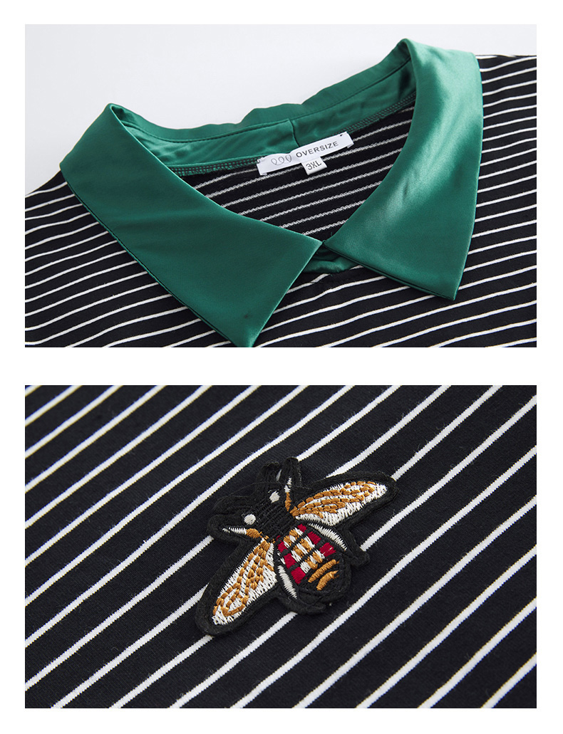 大码t恤女200斤春秋带领细条纹恤长袖宽松胖妈妈装上衣有领衫达黑白